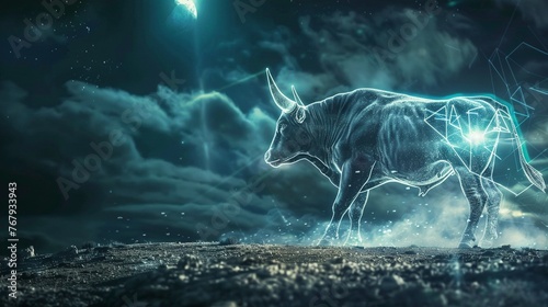 A holographic Bitcoin bull radiating strength and prosperity © Samaphon