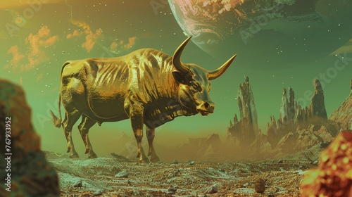 A holographic Bitcoin bull radiating strength and prosperity
