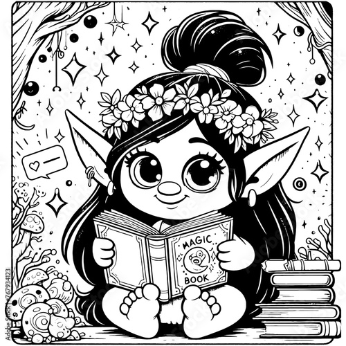 Coloring enchantress girl, gnome reading a book in pajamas. Printable black and white. Generative ai.