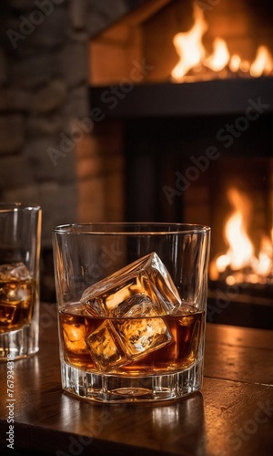 Glass of whiskey with ice cubes on wooden table in front of fireplace.