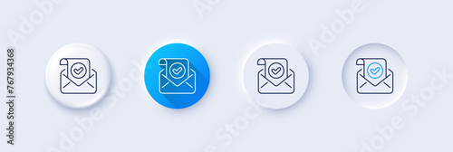 Confirmed mail line icon. Neumorphic, Blue gradient, 3d pin buttons. Approved email letter sign. Verified correspondence symbol. Line icons. Neumorphic buttons with outline signs. Vector
