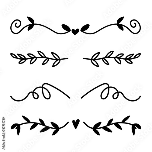 A hand-drawn name divider featuring arrows, leaves, hearts, swirls, and abstract shapes with thick lines for school notebooks, work, dividing texts. Vector illustration in black and white. photo