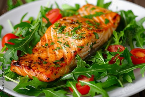 Grilled salmon fillet with fresh leafy green salad, healthy and delicious meal with vibrant colors, digital food photography