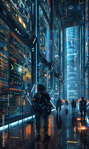 Futuristic robotic engineers operating advanced control systems in a high-tech command center. Futurism and artificial intelligence concept for visionary technology design.
