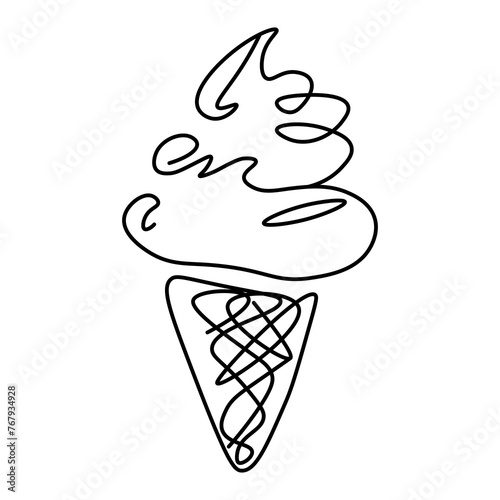 Hand-drawn ice cream in a single line in black and white, featuring a cone with a creamy, sweet, rich, and fluffy texture