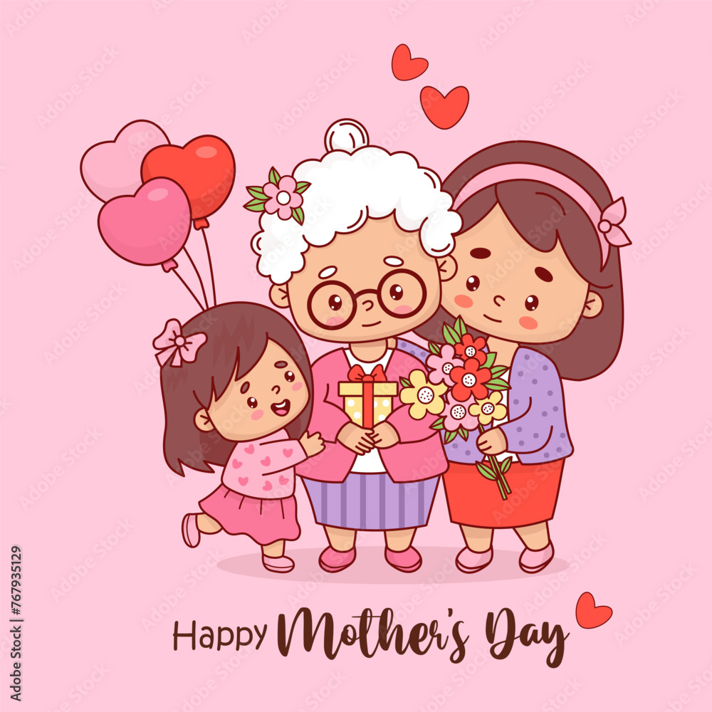 Cute family. Happy grandmother with adult daughter and little granddaughter. Festive characters female generation grandma, mom, daughter. Mother's Day card. Vector illustration
