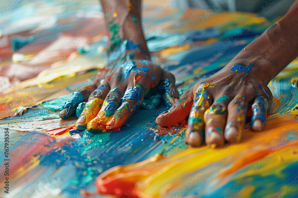 Artist's hands covered in colorful paint creating abstract oil paintings. Art therapy and creativity concept for design and workshops