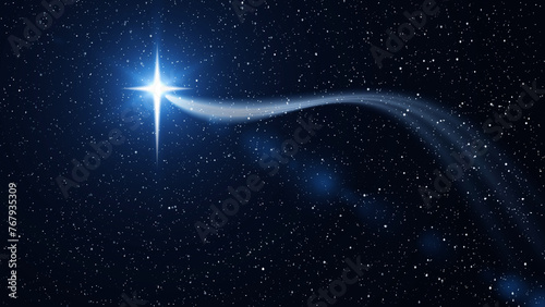 Christmas star of the Nativity of Bethlehem, Nativity of Jesus Christ with rays of light. Background of the starry sky and bright star.