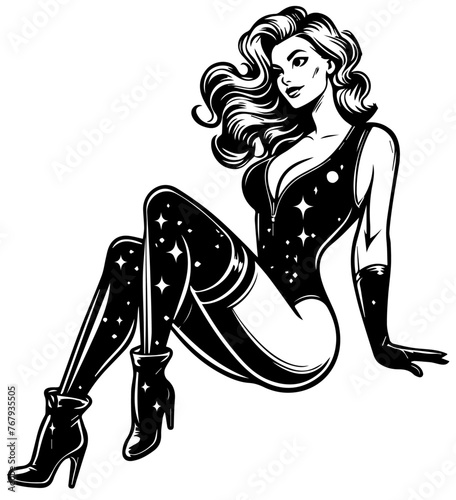 pin-up girl in starry space suit retro vector illustration silhouette laser cutting black and white shape © Cris