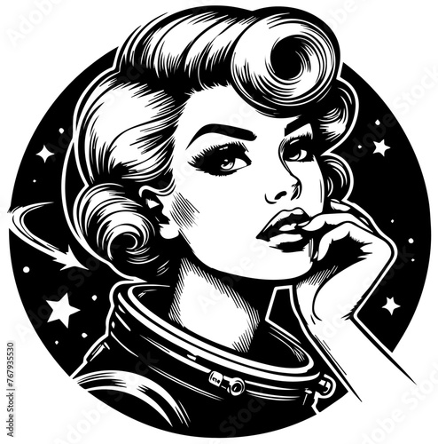 pin-up girl portrait in space retro vector illustration silhouette laser cutting black and white shape © Cris