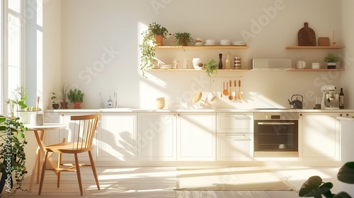 modern comfortable kitchen room interior, modern furniture with utensils, shelves featuring crockery and plants, refrigerator and table in simple minimal dining room
