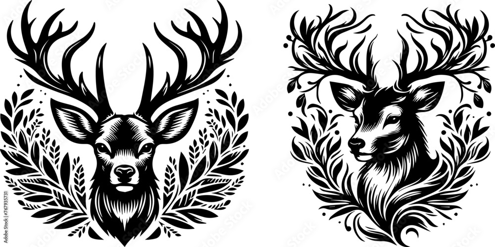 deer head adorned with leaves vector illustration silhouette laser cutting black and white shape