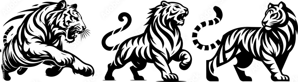 aggressive tiger big cat dynamic power vector illustration silhouette laser cutting black and white shape