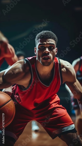 Engaged in the game, a youthful basketball player showcases his dribbling skills on the court