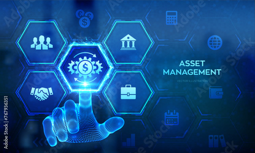 Asset management. Business investment banking payment technology concept on virutal screen. Wireframe hand touching digital interface. Vector illustration.