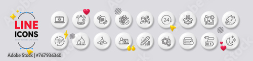 Coronavirus, Battery and Qr code line icons. White buttons 3d icons. Pack of Waterproof, Marketing, Edit statistics icon. 24 hours, Online education, Website education pictogram. Vector