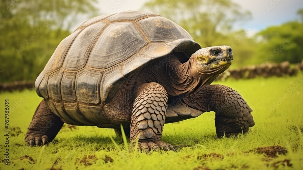 A large tortoise is walking through a grassy field