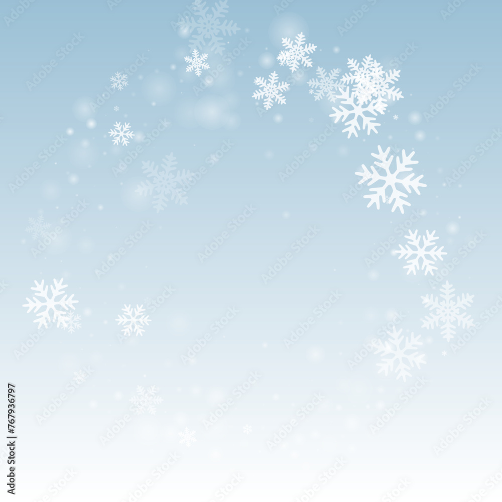 White falling snowflakes pattern. Wintertime fleck ice elements. Snowfall sky white blue backdrop. Swirling snowflakes february texture. Snow cold season scenery.