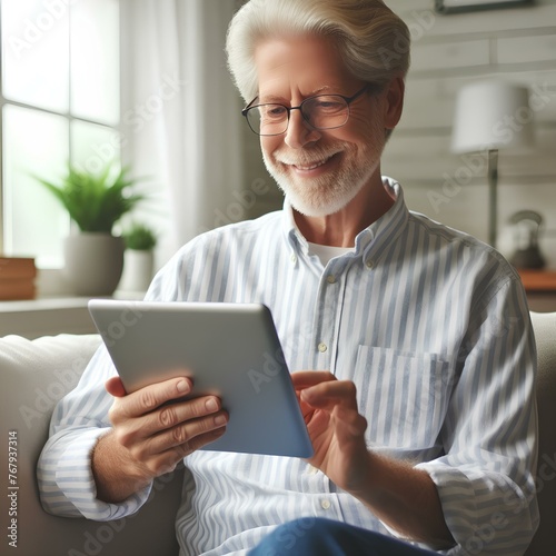  Relaxed senior man using digital tablet at home