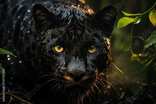 Black Panther leads adventure in the lush jungle.  generative IA