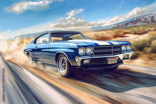 Vintage blue muscle car in motion with a dusty trail on a scenic desert highway