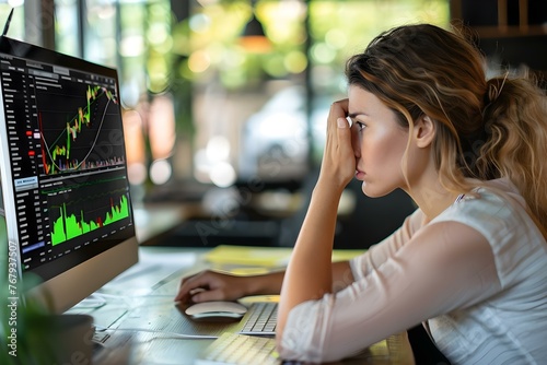 A worried woman looks at financial statements on a computer concerned about investing in a growing market. Concept Financial planning, Stock market, Investments, Business strategy, Market analysis