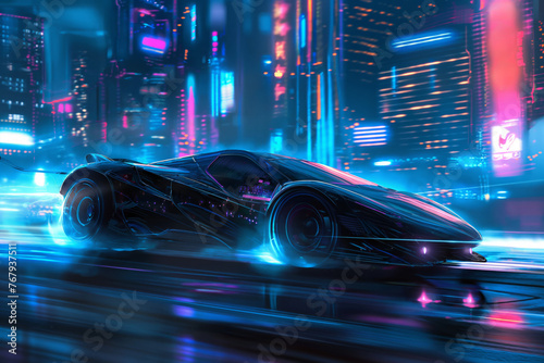 Sleek sports car races through a vibrant neon-lit cityscape, capturing a moment of modern speed and style
