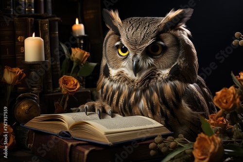 Wise owl in a book of tales enchants young people., generative IA