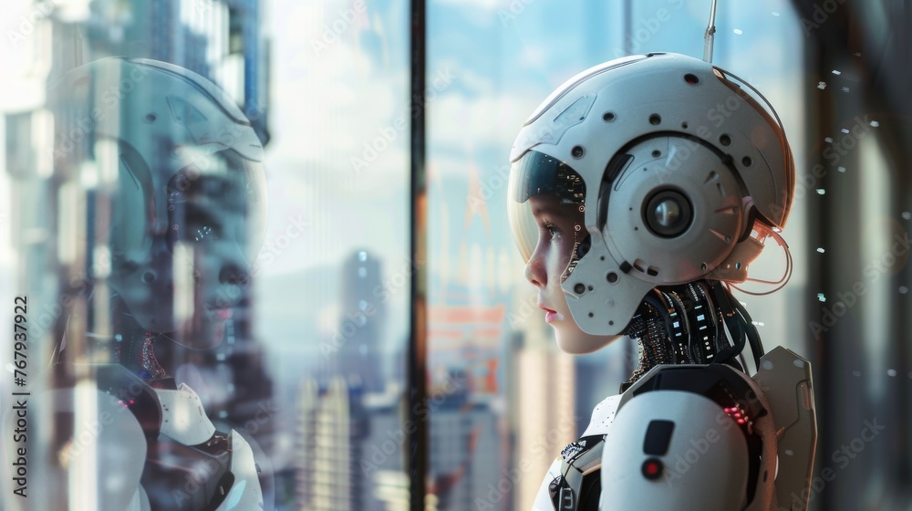 A high-tech robot stares pensively through a window, reflecting on urban life amidst a backdrop of skyscrapers and the cityscape. A high-tech robot stares pensively through a window, reflecting on urban life amidst a backdrop of skyscrapers and the cityscape.
