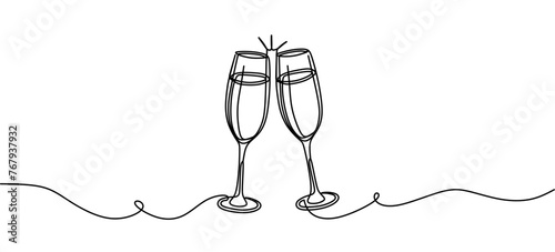 Continuous one line drawing of two glasses of champagne. Minimalist linear concept of celebrate and cheering. Editable stroke Vector illustration	