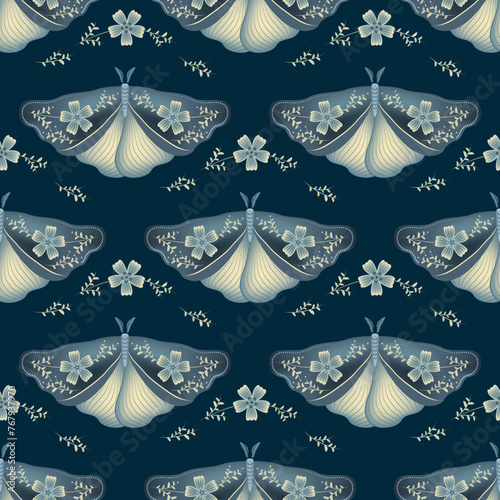Night fly with floral ornamebt on wings vector seamless pattern,