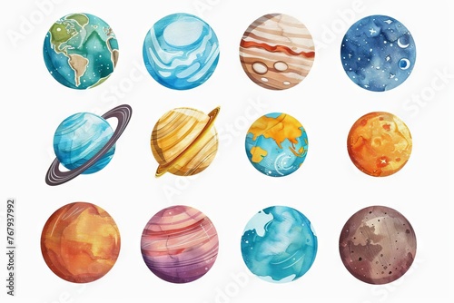 Set of Diverse Planets Isolated on White Background  Solar System Clip Art  Digital Painting