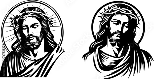 Jesus Christ son of God, savior, sketh vector illustration silhouette laser cutting black and white shape photo