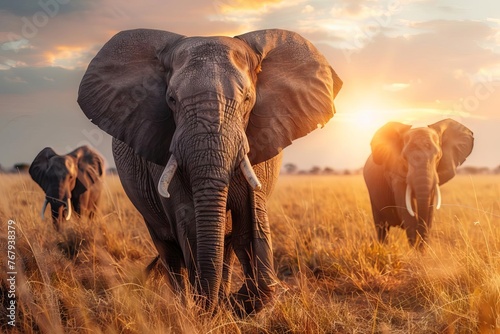 Majestic African Elephants Roaming Savanna at Sunset, Wildlife Photography Composition © furyon
