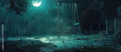 A chilling scene of an abandoned playground at night with a solitary swing moving by itself