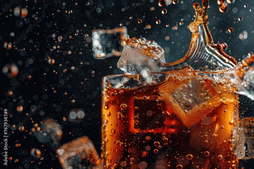 A high-speed capture of a cola splash with ice cubes and bubbles against a dark - obrazy, fototapety, plakaty 