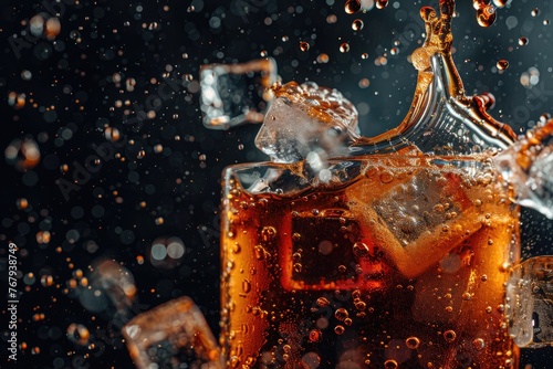 A high-speed capture of a cola splash with ice cubes and bubbles against a dark