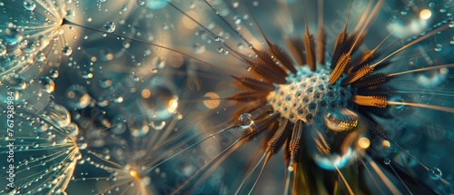 A close-up of a dew-covered dandelion with each droplet reflecting the world around it