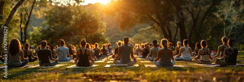 Group of people practicing yoga in a serene park at sunset with trees and soft sunlight. Mindfulness and healthy lifestyle concept. Outdoor group meditation session.