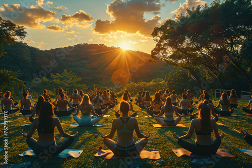 Group of people practicing yoga in a serene park at sunset with trees and soft sunlight. Mindfulness and healthy lifestyle concept. Outdoor group meditation session.