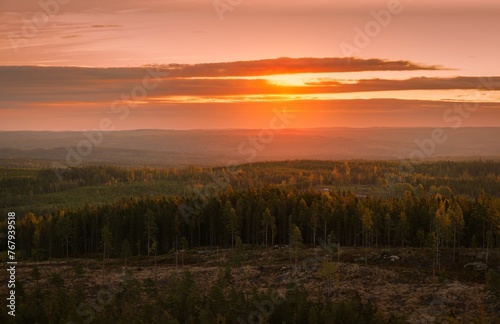 Scenic view of a landscape covered with green forests at sunset
