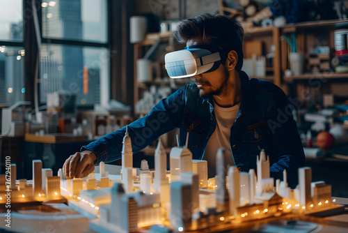 An architect wearing VR glasses designs a city of the future