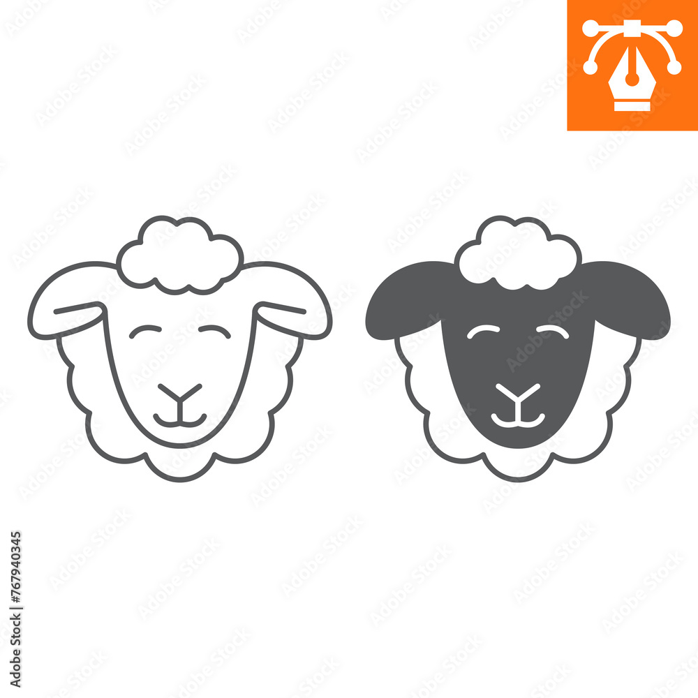 Sheep line and solid icon, outline style icon for web site or mobile app, Easter and farm, happy sheep face vector icon, simple vector illustration, vector graphics with editable strokes. Sheep line and solid icon, outline style icon for web site or mobile app, Easter and farm, happy sheep face vector icon, simple vector illustration, vector graphics with editable strokes.