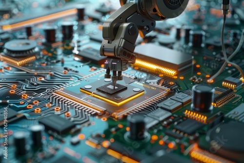 Robotic arm assembling circuit board, smart factory automation with AI, 3D render