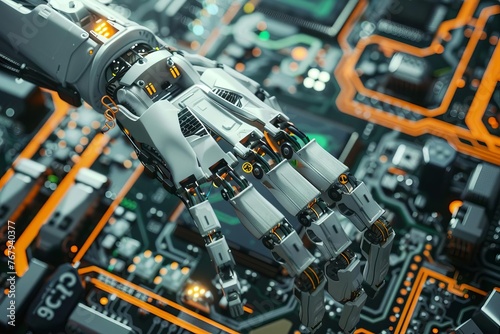 Robotic arm assembling circuit board, smart factory automation with AI, 3D render