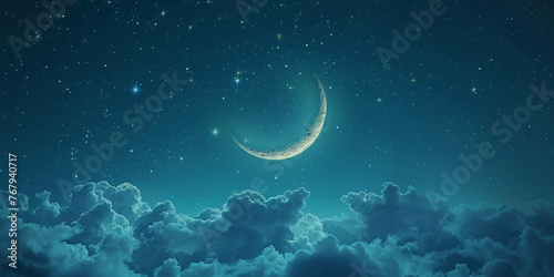  beautiful crescent moon and clouds in the night sky background ,magic of night, banner, copy space