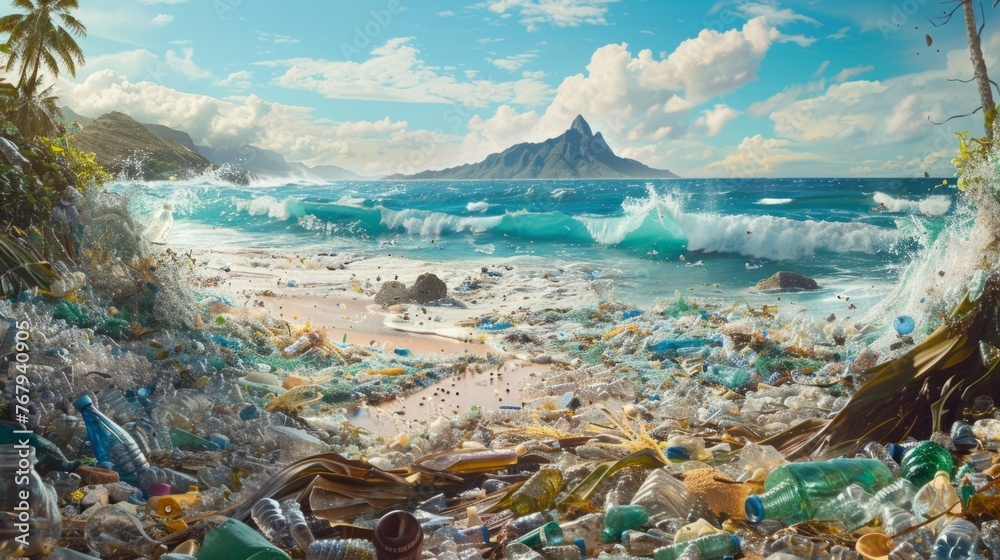 Beach Covered in Trash Painting - obrazy, fototapety, plakaty 