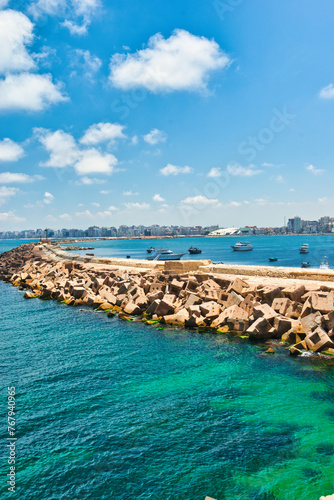 ALEXANDRIA, EGYPT - 14 JUNE 2023 : The Qaitbay Citadel, the famous landmark in Alexandria located by the Mediterranean Sea. This area is believed that it used to be the location of the Pharos. 