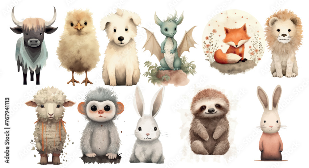 Naklejka premium Enchanting Collection of Illustrated Animals: From the Wild, Farm, and Fantasy Worlds, Capturing the Innocence and Wonder