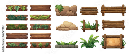 Collection of Detailed Wooden Barriers and Rocks with Lush Green Foliage for Game Design or Landscape Illustrations, Isolated © Zaleman